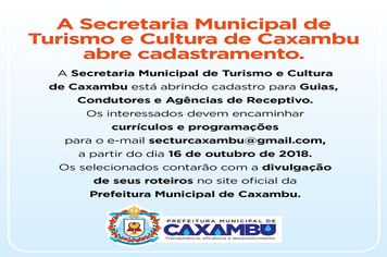 A Secretaria Municipal de Turismo e Cultura de Caxambu abre cadastramento.