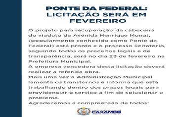 PONTE DA FEDERAL: LICITAÇÃO SERÁ EM FEVEREIRO