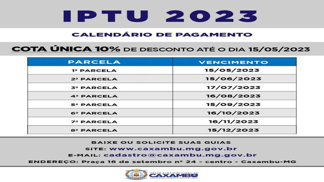 IPTU 2023 – CALENDÁRIO DE PAGAMENTO